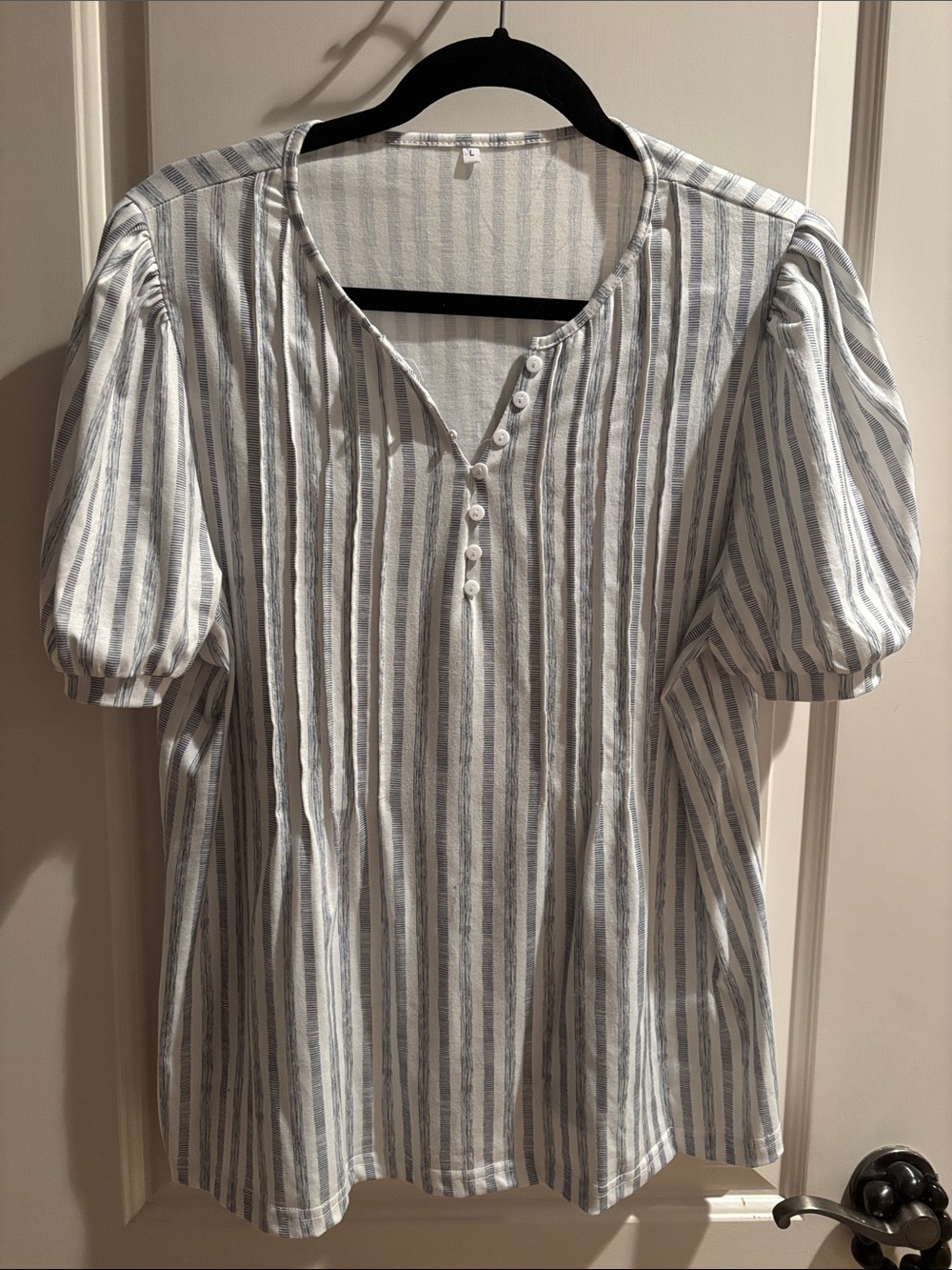 Striped Puff-Sleeve Henley Top - White & Light Blue